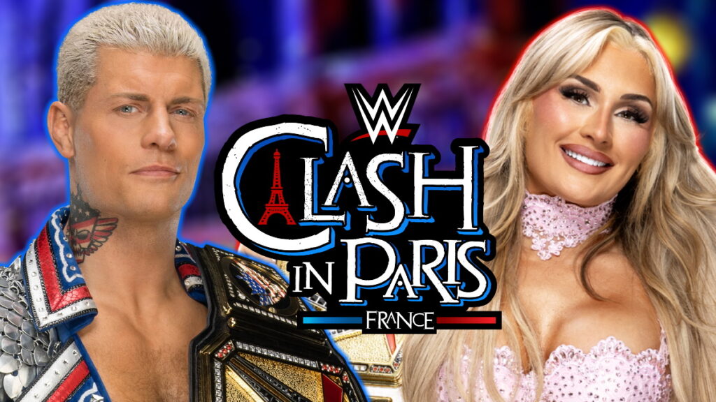 WWE Clash In Paris logo, Cody Rhodes and Tiffany Stratton
