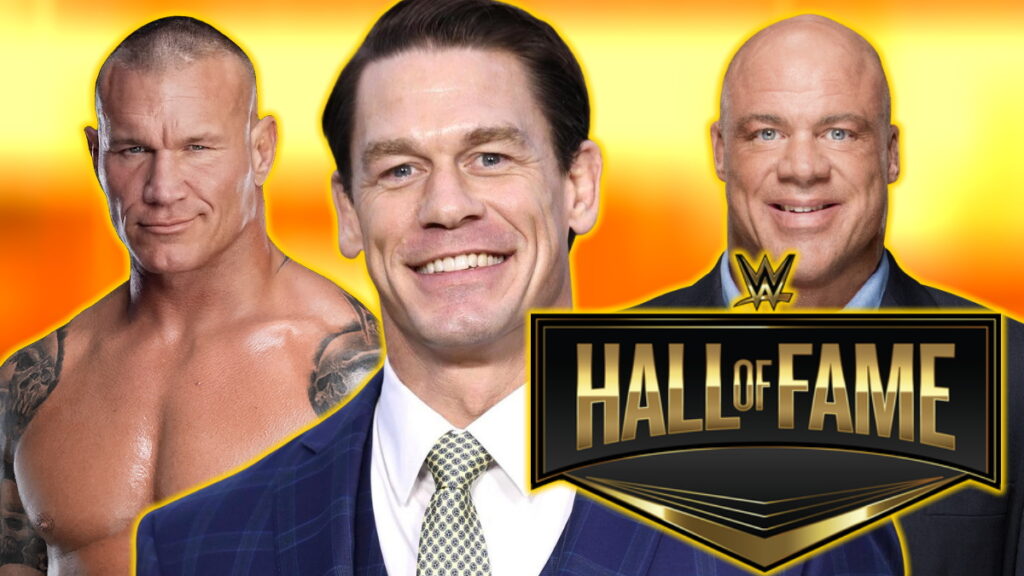 WWE Hall of Fame logo, John Cena, Randy Orton and Kurt Angle