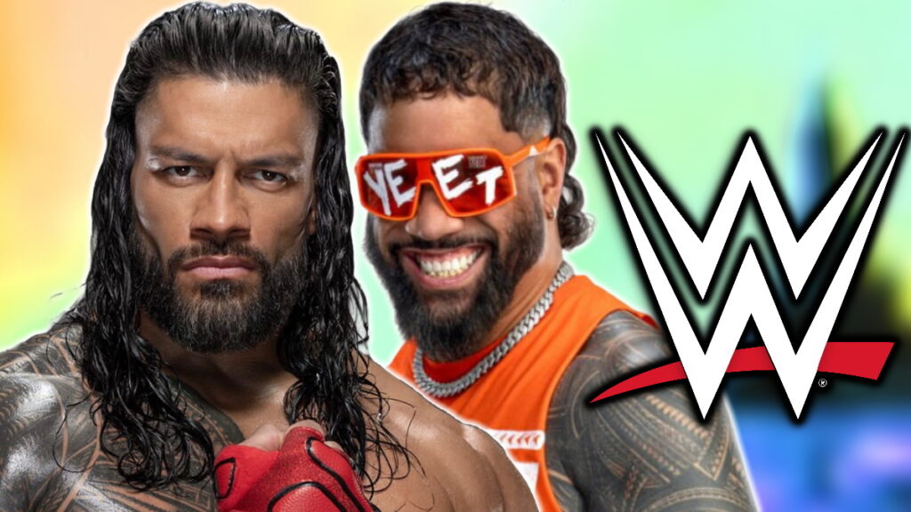 WWE logo, Roman Reigns and Jey Uso