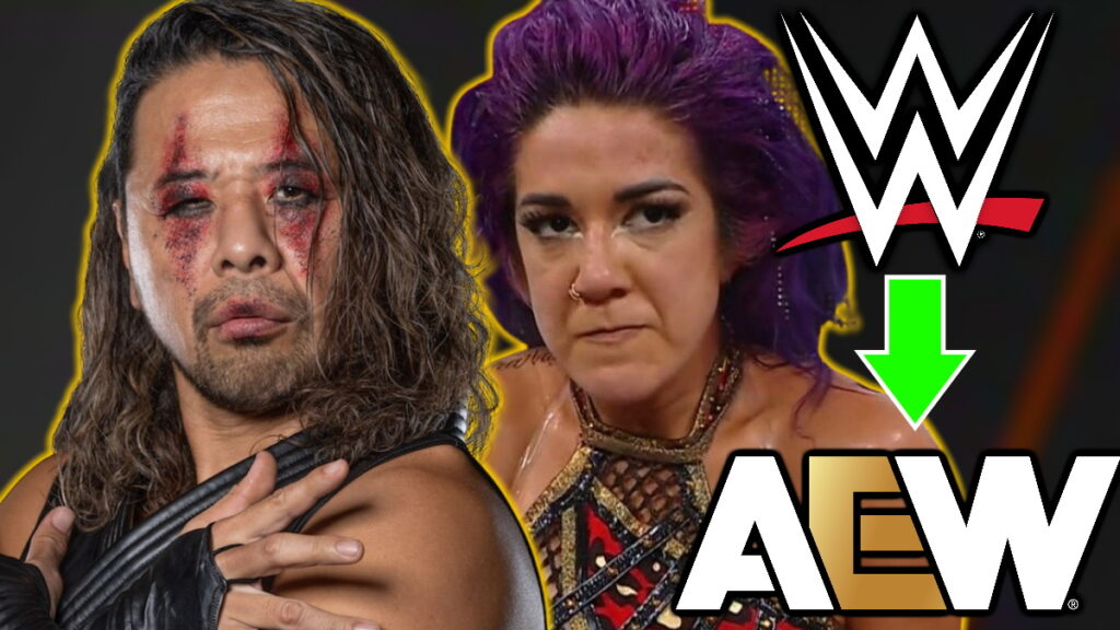 WWE and AEW logos with Bayley and Shinsuke Nakamura
