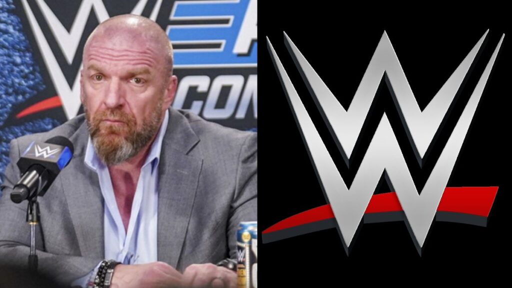 Triple H looking contemplative next to the WWE logo