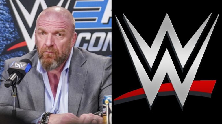Triple H looking contemplative next to the WWE logo