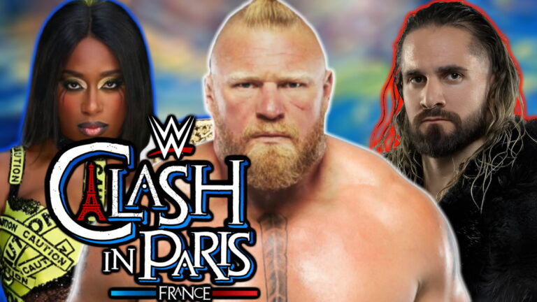 WWE Clash In Paris logo, Brock Lesnar, Seth Rollins and Naomi
