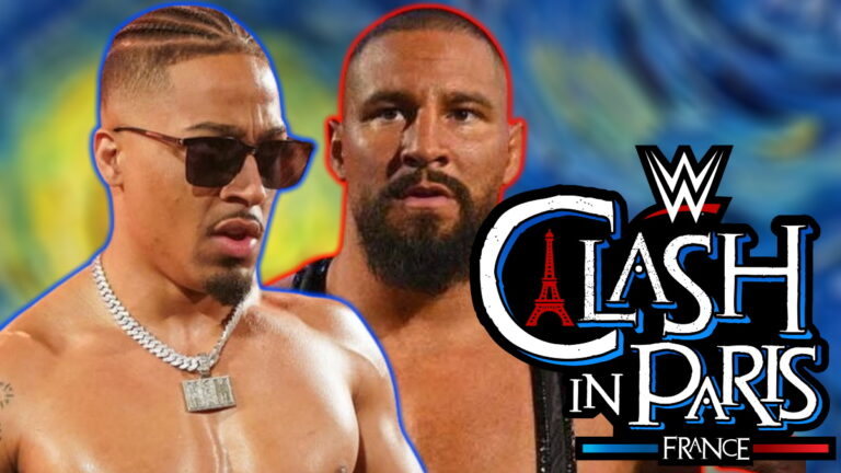 WWE Clash In Paris logo, Carmelo Hayes and Bron Breakker