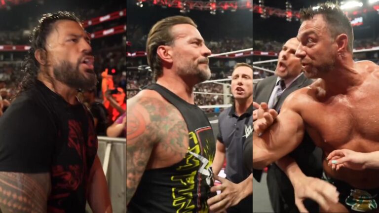 Roman Reigns, CM Punk and LA Knight from after WWE Raw on August 4