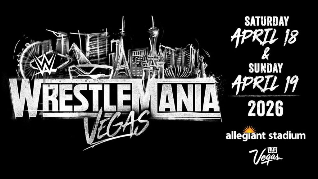 The WWE WrestleMania 42 logo in black and white with dates