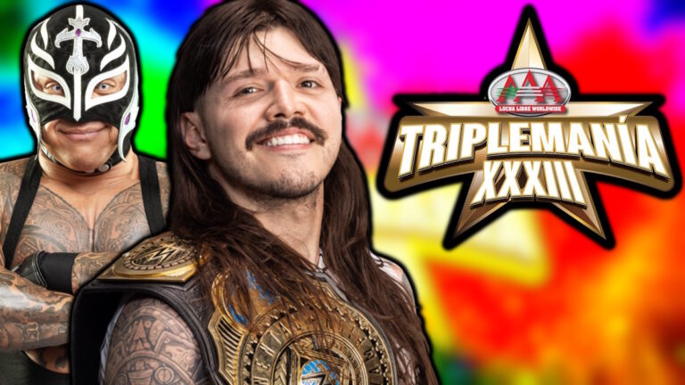 WWE stars Dominik Mysterio and Rey Mysterio, and the AAA TripleMania XXXIII logo