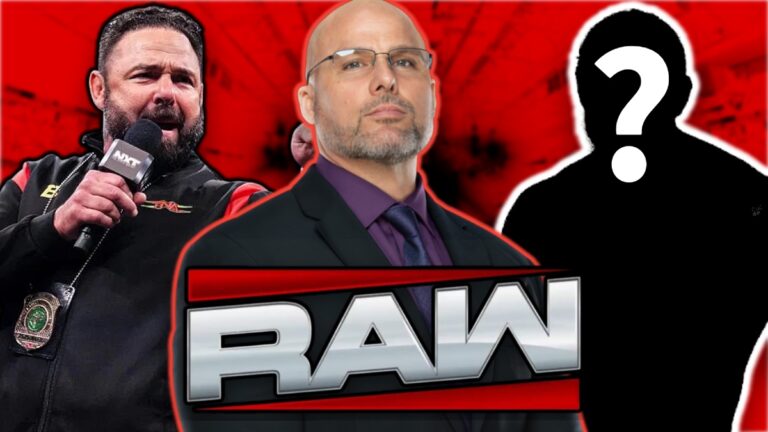 WWE Raw logo next to Adam Pearce and Santino Marella