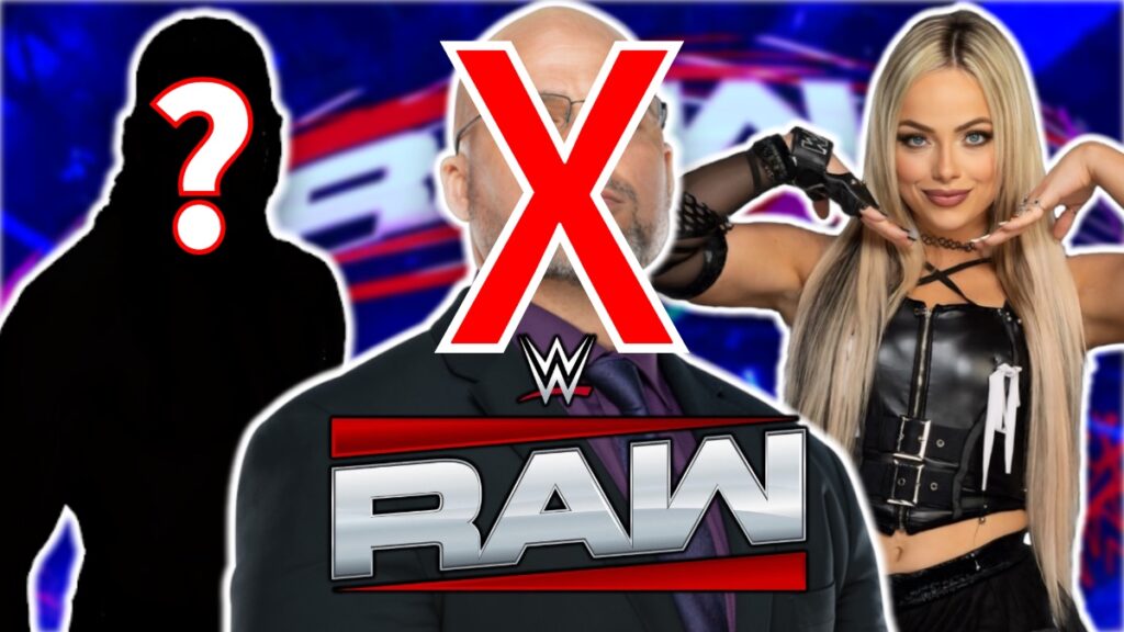 Adam Pearce with Liv Morgan and WWE Raw logo