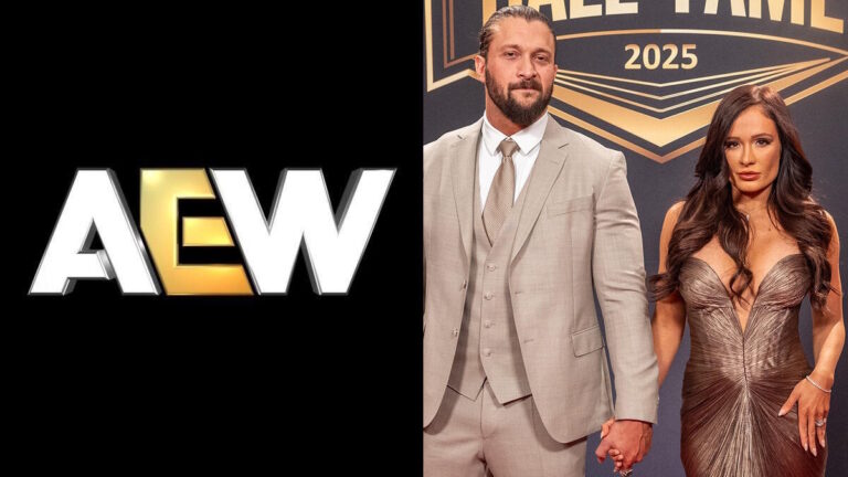 AEW logo, WWE stars Karrion Kross and Scarlett