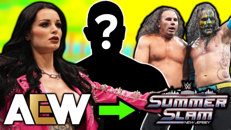 AEW and WWE SummerSlam logos, Paige and the Hardy Boyz