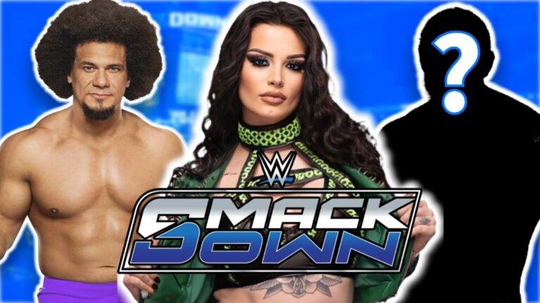 WWE SmackDown logo with Carlito and Paige