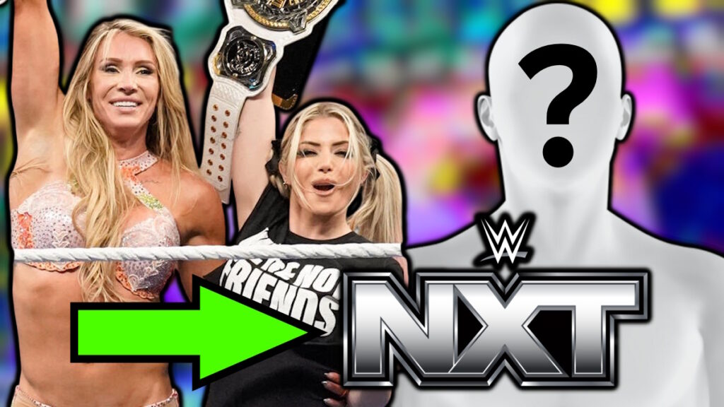 WWE NXT logo, Charlotte Flair and Alexa Bliss