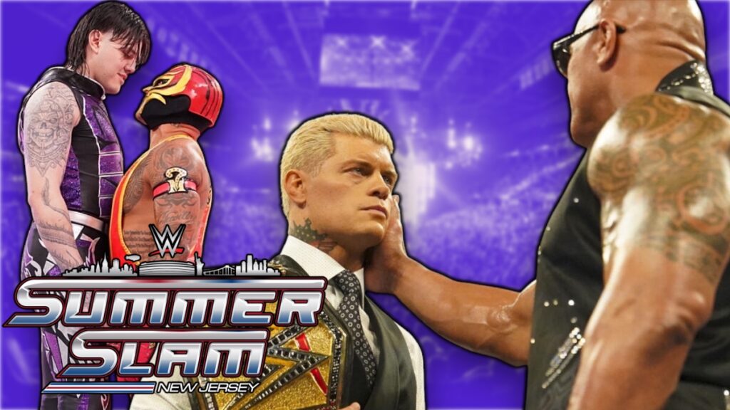 WWE SummerSlam 2025 logo with Dominik Mysterio, Rey Mysterio, The Rock and Cody Rhodes