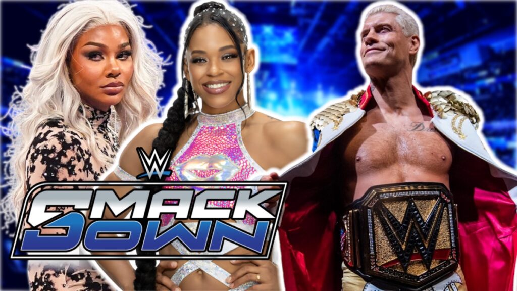 WWE SmackDown logo with Jade Cargill, Bianca Belair and Cody Rhodes