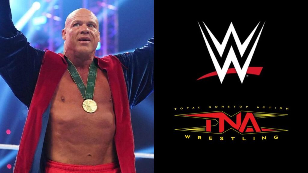 Kurt Angle next to WWE and TNA Wrestling logos