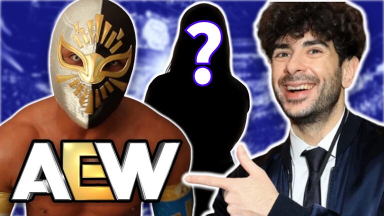 AEW logo, Mistico and Tony Khan