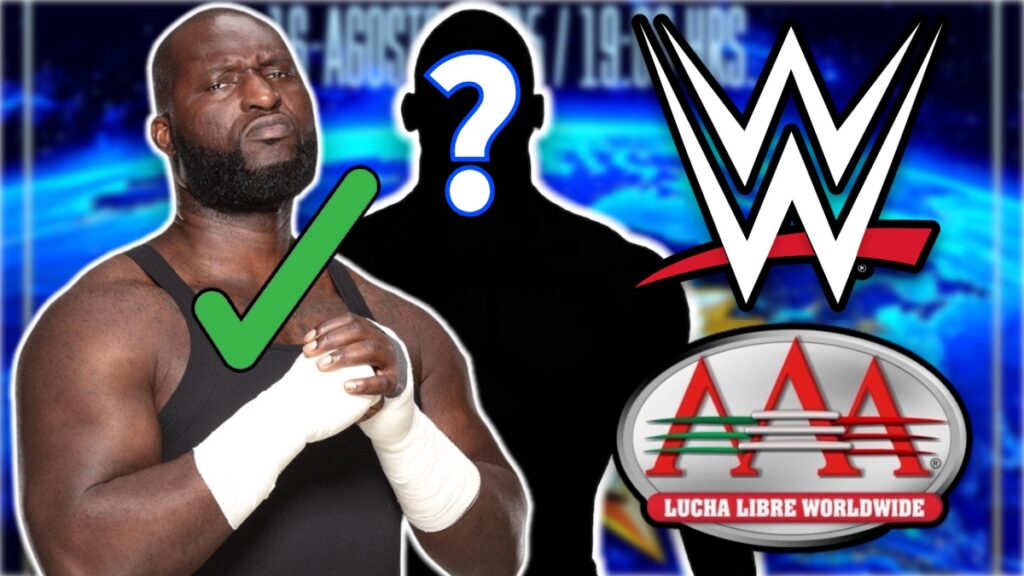 Omos with WWE and AAA logos