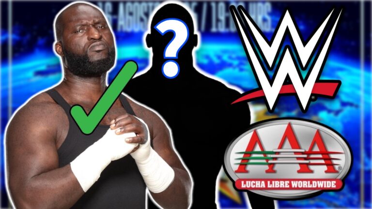 Omos with WWE and AAA logos