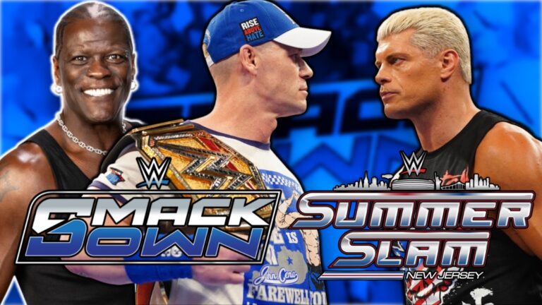 WWE SmackDown logo with Cody Rhodes, John Cena and R-Truth