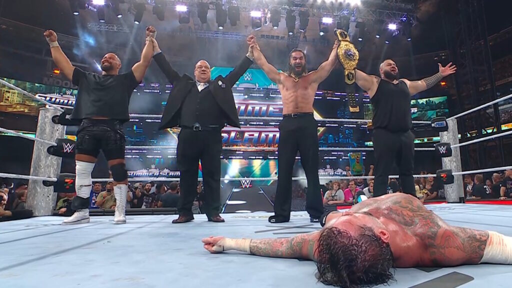 WWE World Heavyweight Champion Seth Rollins, Paul Heyman, Bron Breakker, Bronson Reed and CM Punk at SummerSlam