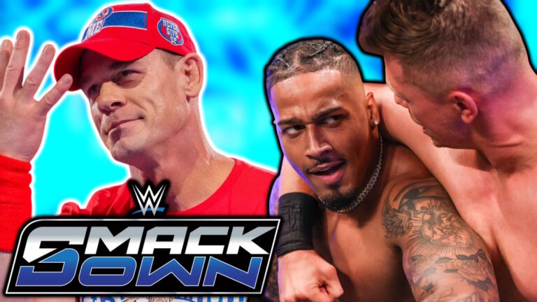 WWE SmackDown logo, John Cena, The Miz and Carmelo Hayes