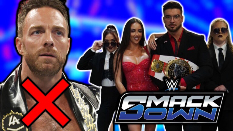 WWE SmackDown logo, LA Knight, Ethan Page, Chelsea Green and the Secret Hervice
