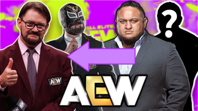 AEW logo with Excalibur, Tony Schiavone and Samoa Joe