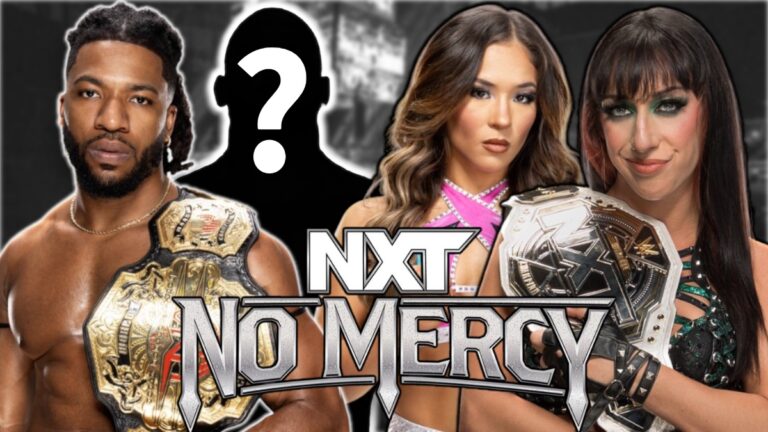 WWE No Mercy logo with Trick Williams, Lola Vice and Jacy Jayne