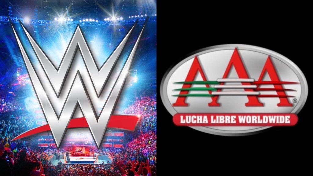 The WWE logo over a crowd shot next to the AAA logo