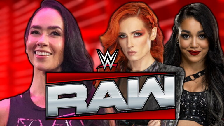 WWE Raw logo, AJ Lee, Becky Lynch and Roxanne Perez
