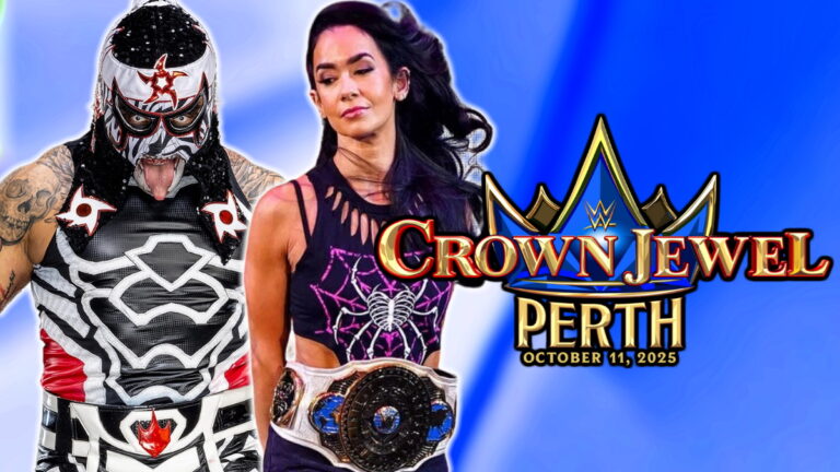 WWE Crown Jewel logo, Penta and AJ Lee