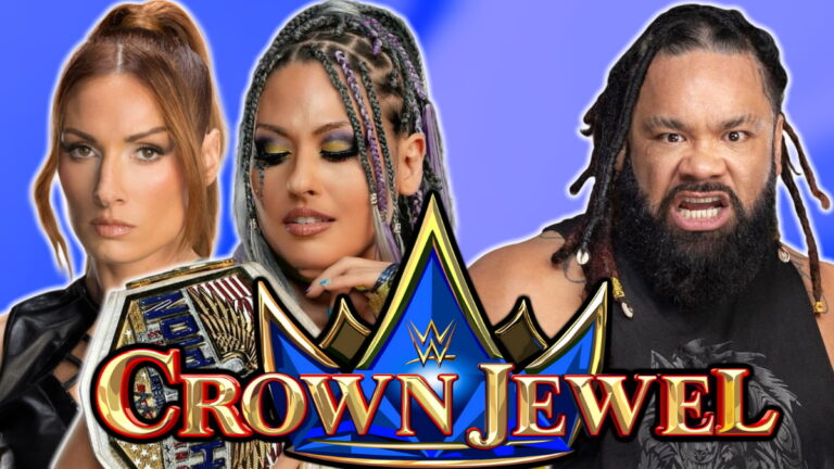 WWE Crown Jewel logo, Becky Lynch, Giulia and Jacob Fatu