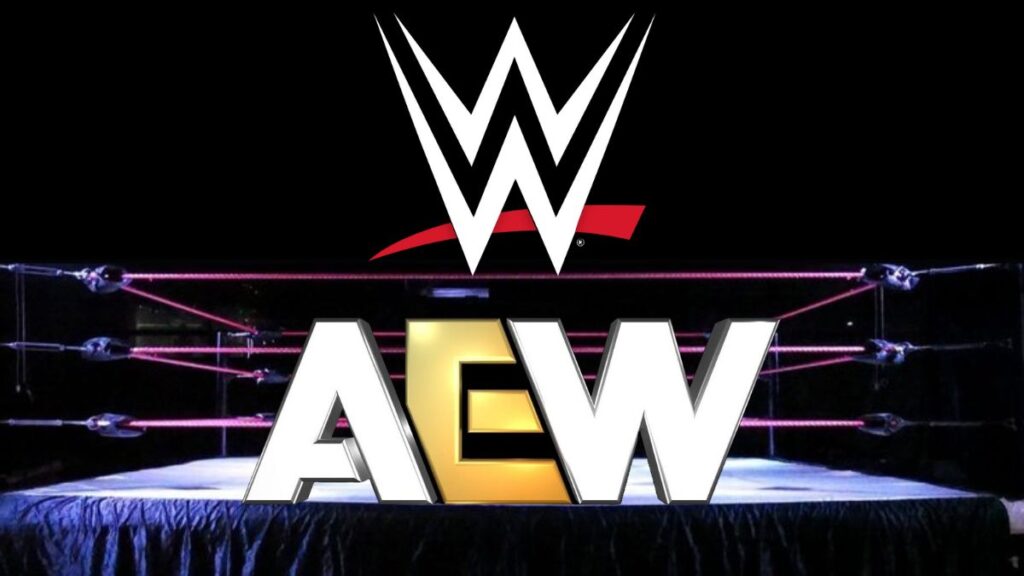 WWE and AEW logo over a wrestling ring