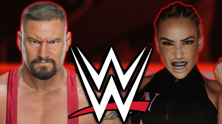 WWE logo, Bron Breakker and Natalya