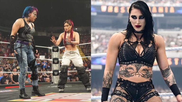 Asuka & IYO SKY next to Rhea Ripley in WWE