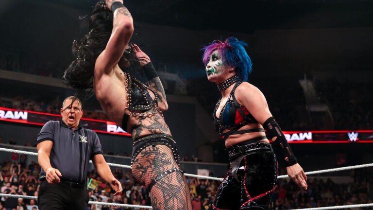 Asuka spraying blue mist in Rhea Ripley's face on WWE Raw