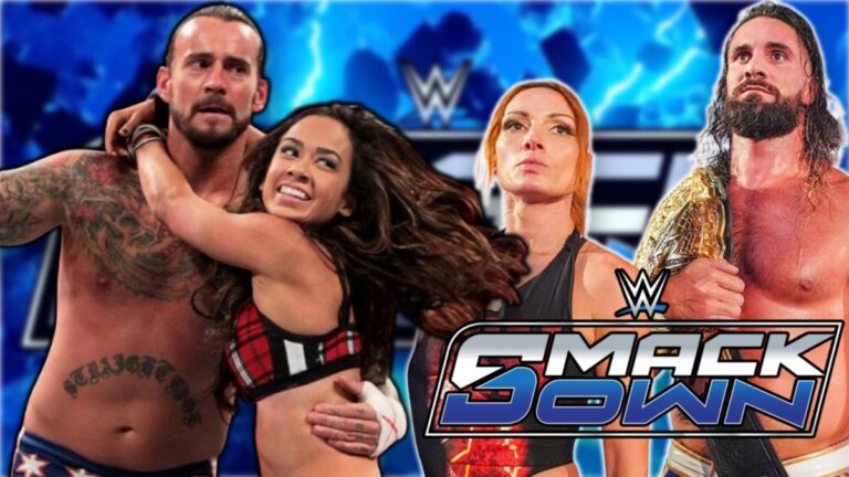 CM Punk, AJ Lee, Becky Lynch and Seth Rollins with WWE SmackDown logo