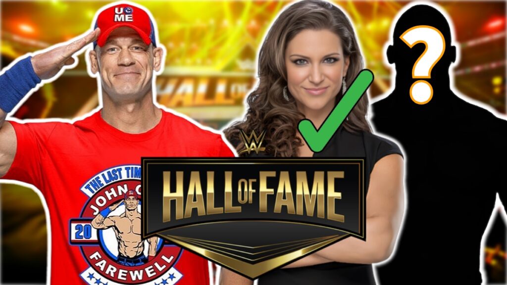 WWE Hall of Fame logo with Stephanie McMahon and John Cena