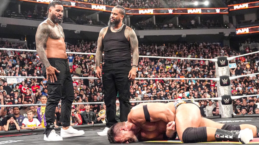 The Usos after LA Knight got speared on WWE Raw