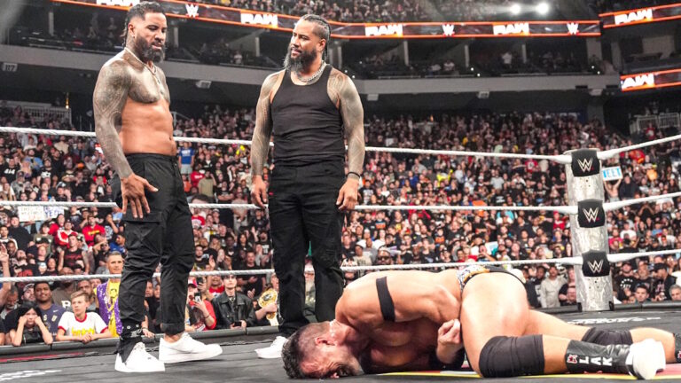 The Usos after LA Knight got speared on WWE Raw