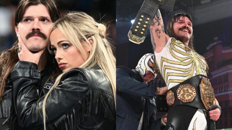 WWE's Liv Morgan and Dominik Mysterio next to AAA Mega Champion Dominik Mysterio