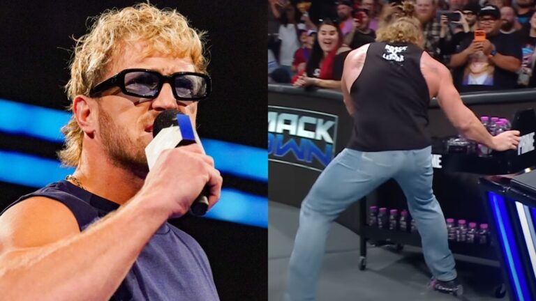 WWE's Logan Paul and Brock Lesnar destroying the Prime Hydration Station