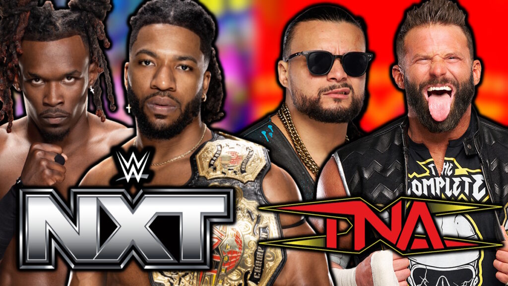 WWE NXT and TNA Wrestling logos, Trick Williams, Je'Von Evans, Mike Santana and Matt Cardona