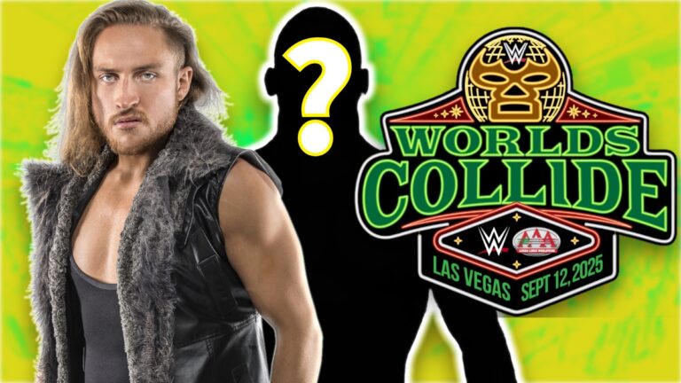 WWE star Pete Dunne next to the WWE Worlds Collide logo