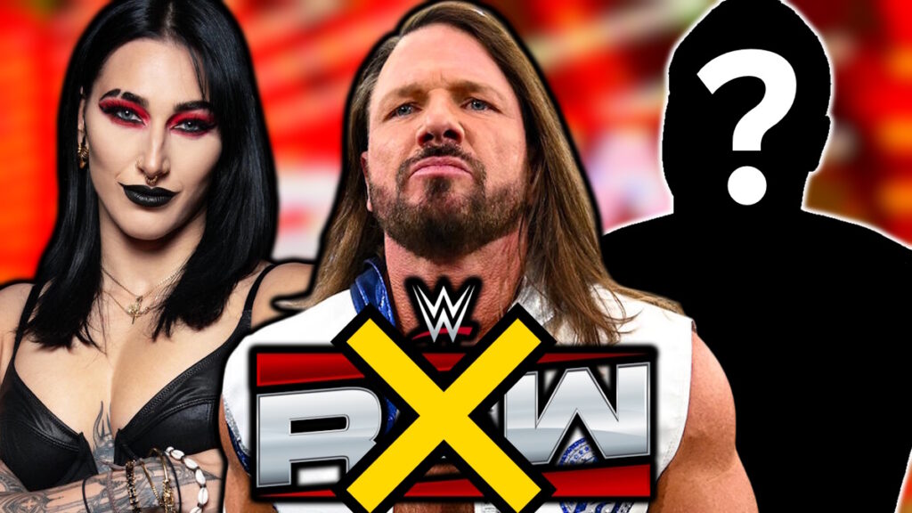 WWE Raw logo, AJ Styles and Rhea Ripley