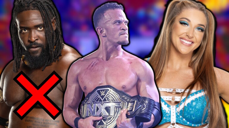 WWE NXT logo, Oba Femi, Ricky Saints and Lainey Reid