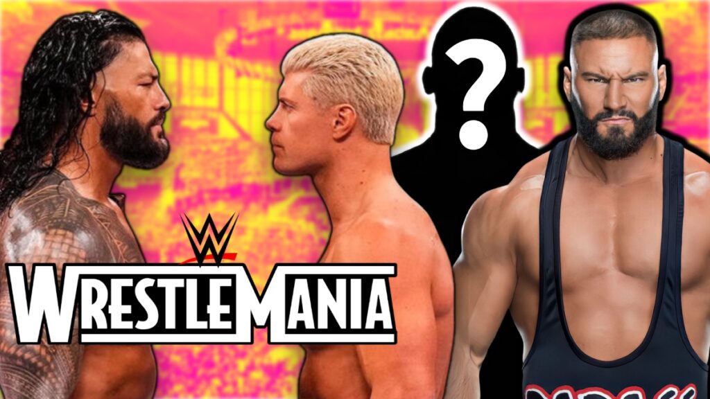 Roman Reigns, Cody Rhodes and Bron Breakker with WWE WrestleMania logo