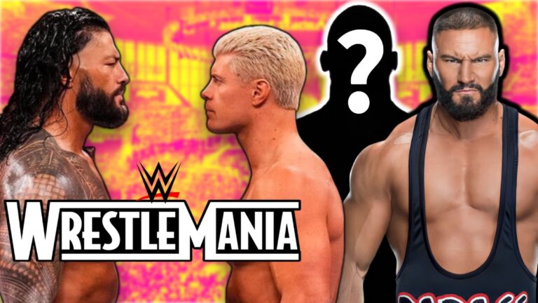 Roman Reigns, Cody Rhodes and Bron Breakker with WWE WrestleMania logo