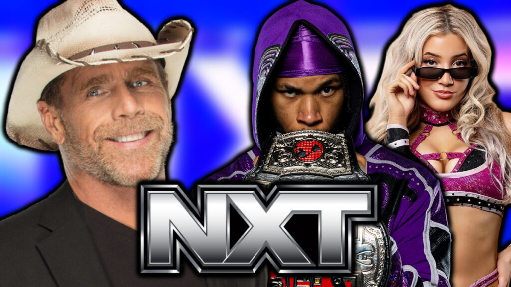 WWE NXT logo, Shawn Michaels, Zayda Steel and Leon Slater